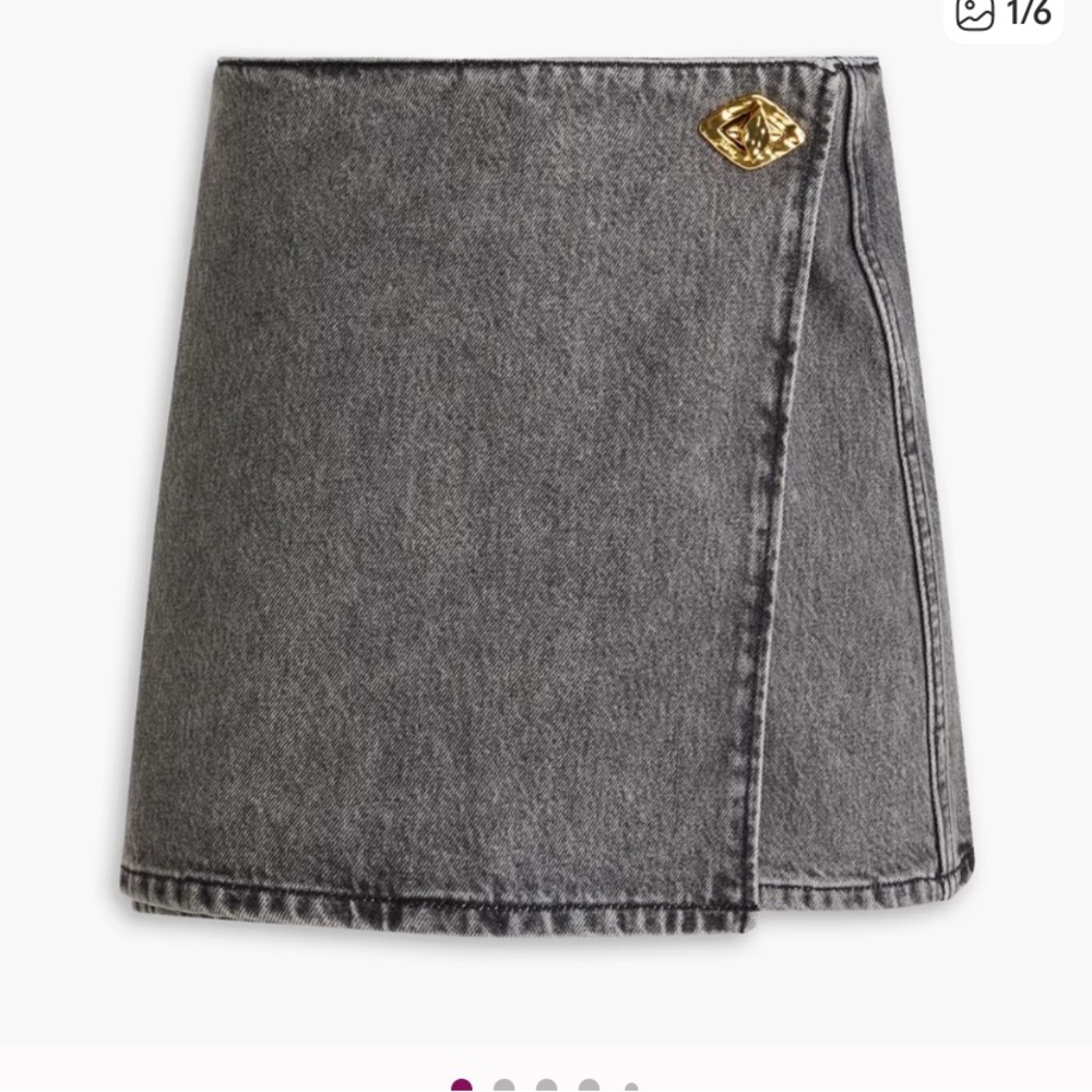 Ganni High-Rise Washed Black Denim Wrap mini Skirt with Gold clasp